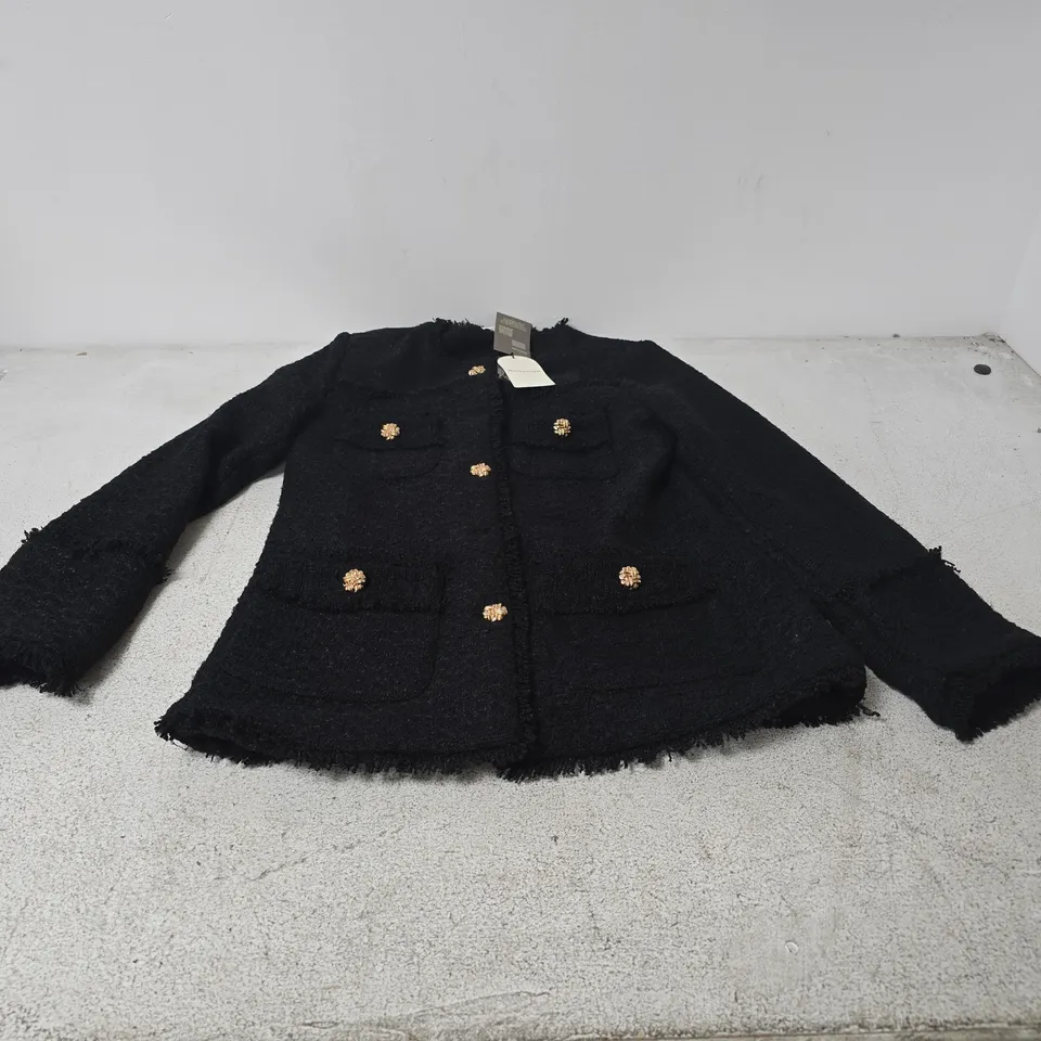 MONSOON WOMEN’S BLACK BOUCLÉ JACKET WITH GOLD BUTTON DETAIL (FRAYED EDGE) SMALL TAGGED