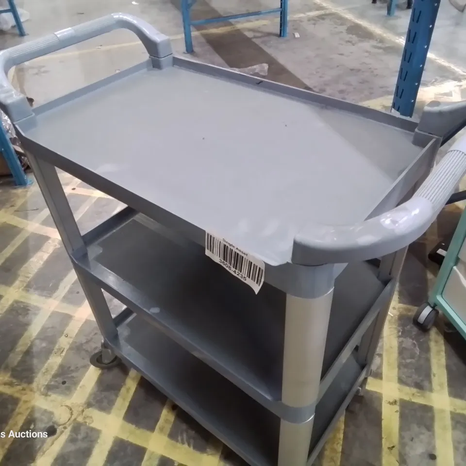 THREE TIER GREY PLASTIC TROLLEY