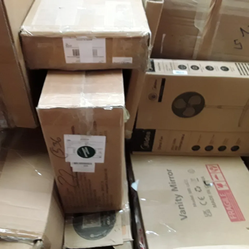 PALLET TO CONTAIN AN ASSORTMENT OF HOUSEHOLD ITEMS TO INCLUDE MINI CHAINSAW, OFFICE CHAIR, CARPET KNEE KICKER AND TOWER HUMIDIFIER ECT