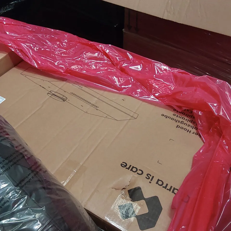 PALLET TO CONTAIN AN ASSORTMENT OF HOUSEHOLD ITEMS TO INCLUDE; COOKER HOOD, DEHUMIDIFIER, BOXED FURNITURE ETC