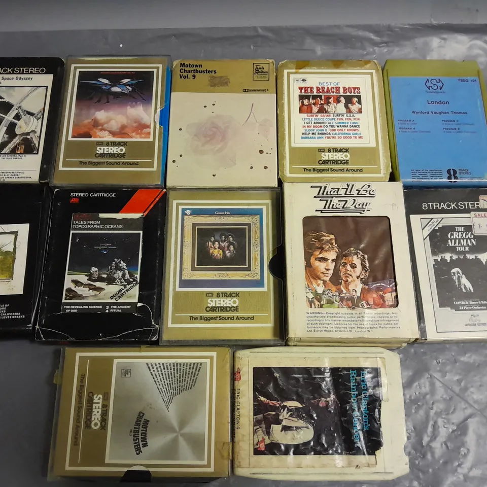 LOT OF 12 ASSORTED 8-TRACK CASSETTES TO INCLUDE LED ZEPPELIN, BEACH BOYS AND ERIC CLAPTON