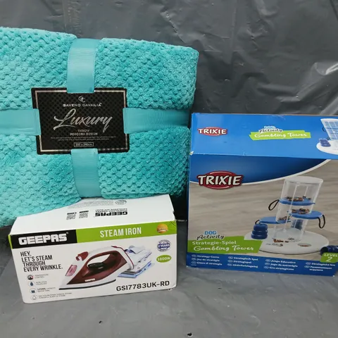 APROXIMATELY 8 ASSORTED HOUSEHOLD ITEMS TO INCLUDE GAVENO CAVAILIA THROW, IRON, DOG TOY, ETC