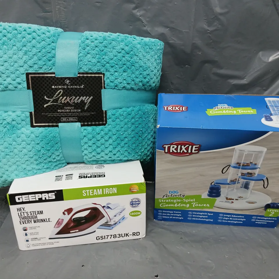 APROXIMATELY 8 ASSORTED HOUSEHOLD ITEMS TO INCLUDE GAVENO CAVAILIA THROW, IRON, DOG TOY, ETC