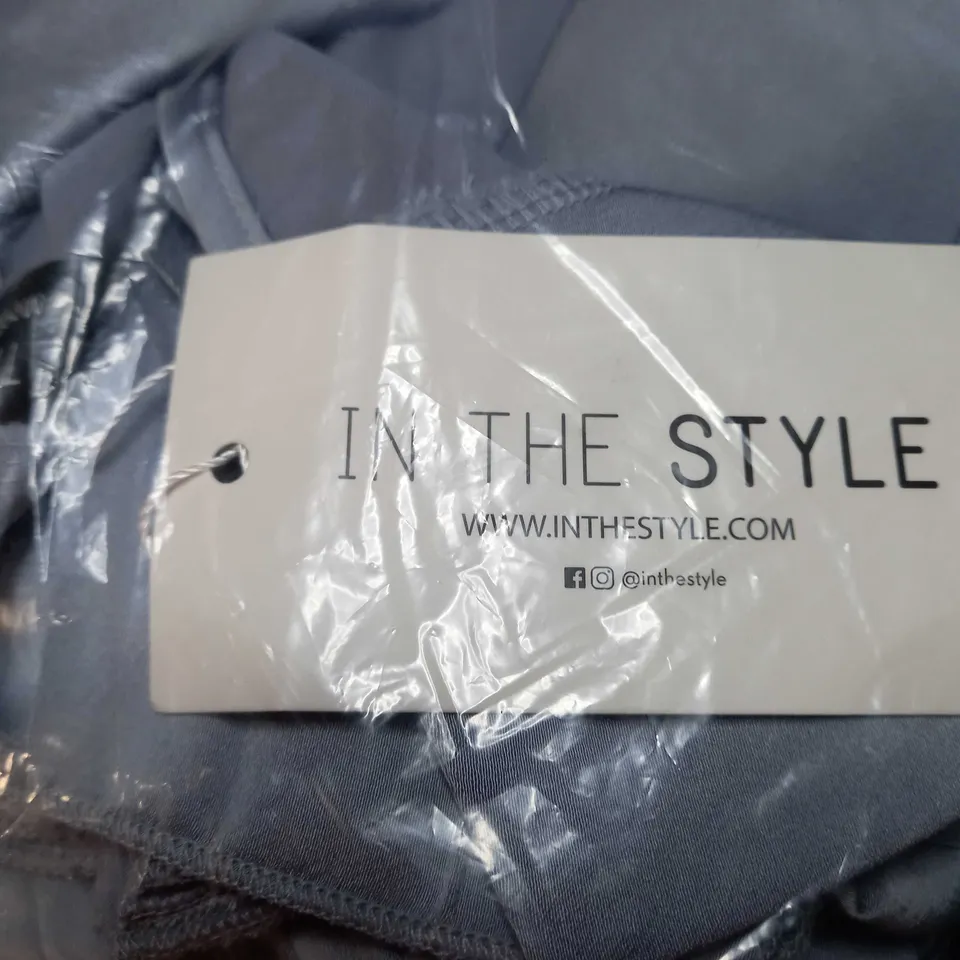 PACKAGED INTHESTYLE ASH BLUE FLUTED SLEEVE WRAP PLEATED JUMPSUIT - SIZE 14