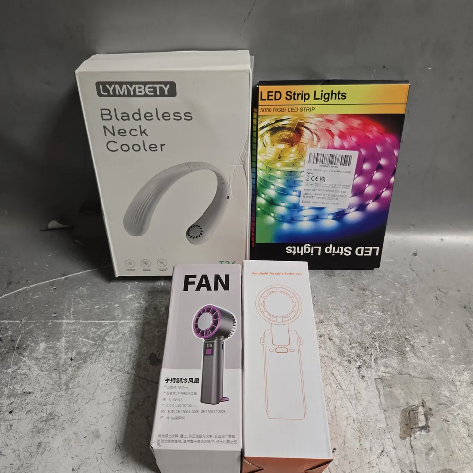 APPROXIMATELY 8 ASSORTED ELECTRICAL PRODUCTS & ACCESSORIES TO INCLUDE NECK FAN, LED LIGHT STRIPS, PORTABLE FAN ETC 