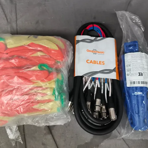 BOX OF APPROXIMATELY 10 ASSORTED HOUSEHOLD ITEMS TO INCLUDE GLOVES, CABLES, ETC