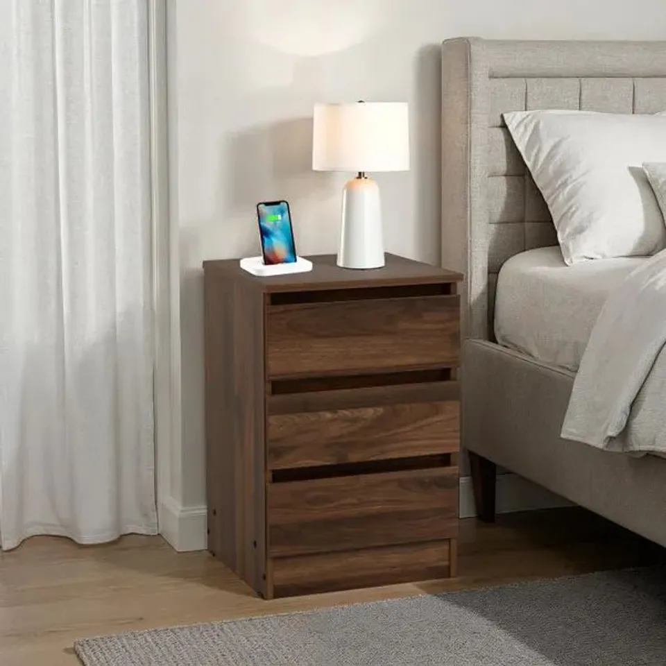 BOXED WALKER 3 DRAWER BEDSIDE TABLE - WALNUT