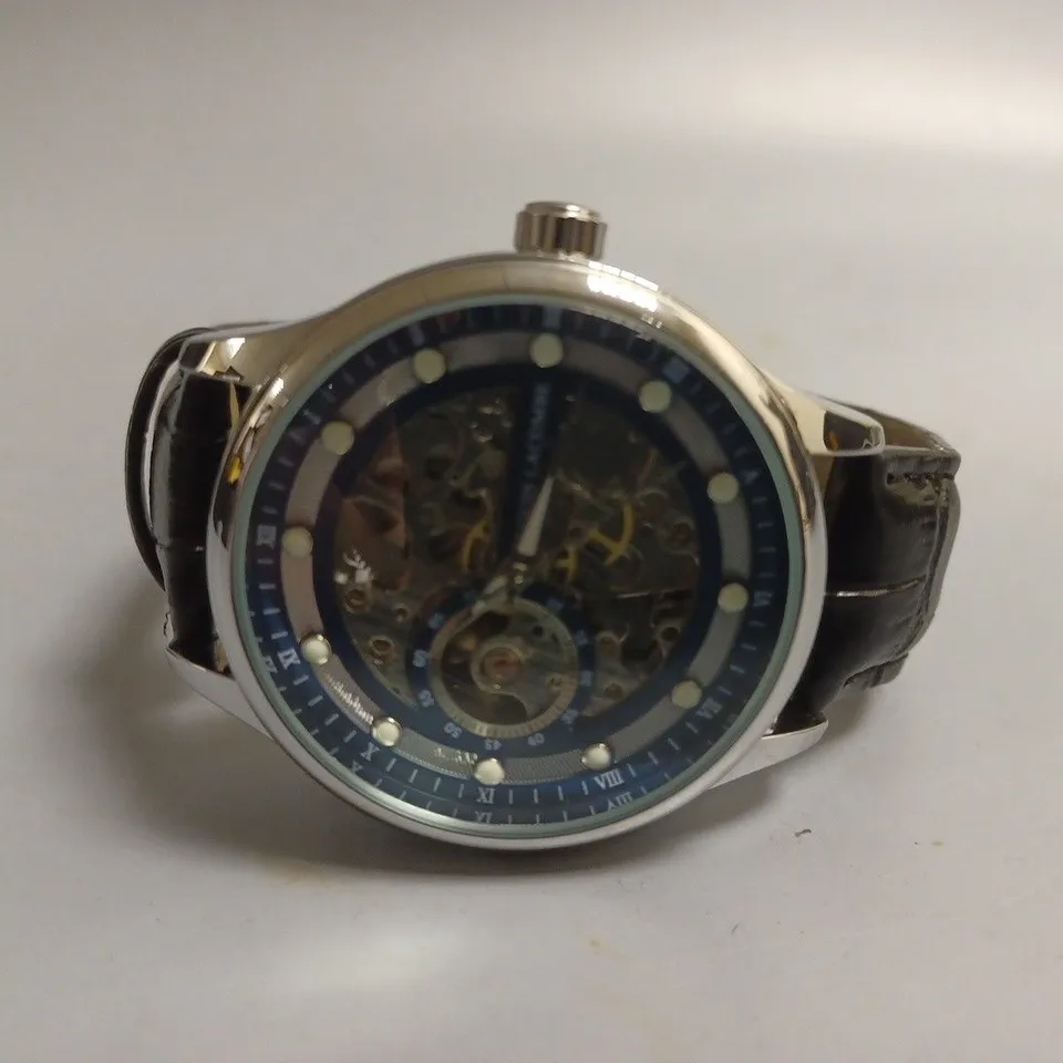 MENS LOUIS LACOMBE AUTOMATIC WATCH – SKELETON DIAL – GLASS EXHIBITION BACK CASE – LEATHER STRAP