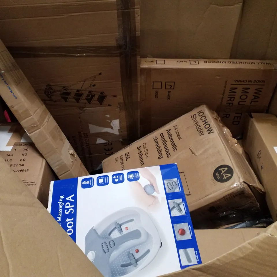 PALLET OF ASSORTED PRODUCTS INCLUDING MASSAGE TABLE, COOKER HOOD, RELAXATION FOOT SPA, FOLDING SIDE TABLE