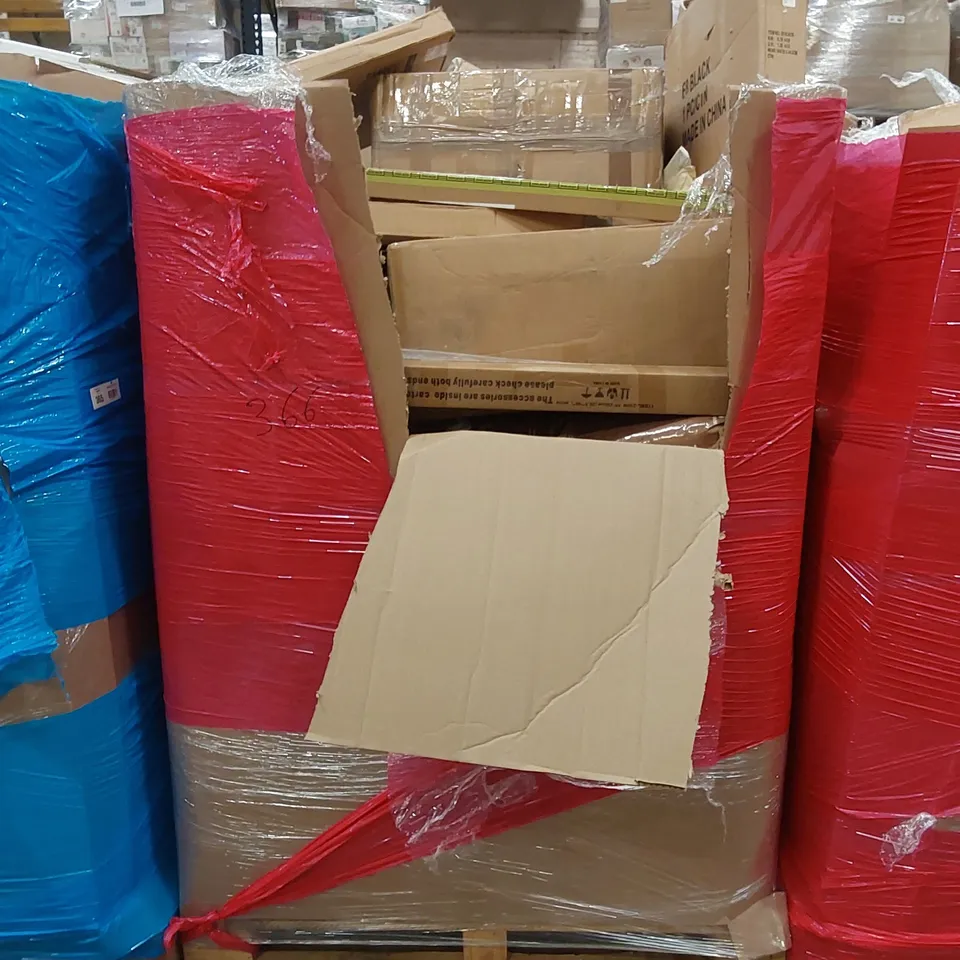 PALLET OF ASSORTED HOUSEHOLD ITEMS AND CONSUMER PRODUCTS TO INCLUDE; OFFICE CHAIR, BOOSTER SEAT, TOILET SEATS, DIMMABLE DESK LAMP ETC