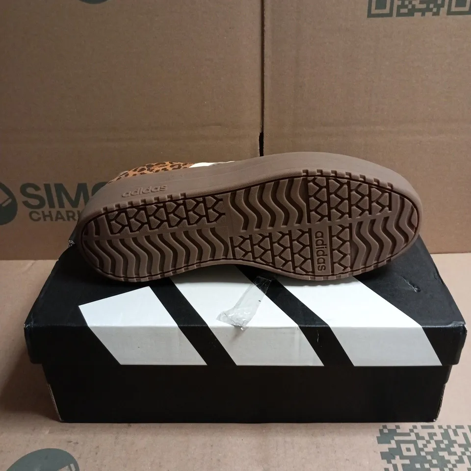 BOXED PAIR OF ADIDAS WOMENS VL COURT LEOPARD TRAINERS - 6