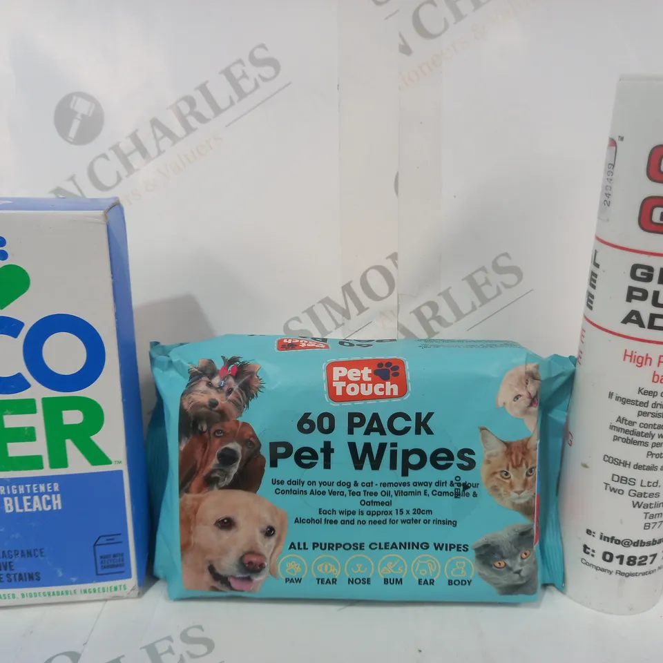 APPROXIMATELY 15 ASSORTED HOUSEHOLD ITEMS TO INCLUDE GENERAL PURPOSE ADHESIVE, 60 PACK PET WIPES, LAUNDRY BLEACH, ETC