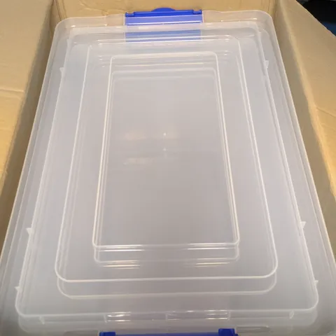 CLEAR PLASTIC STORAGE CONTAINERS WITH BLUE LATCHES
