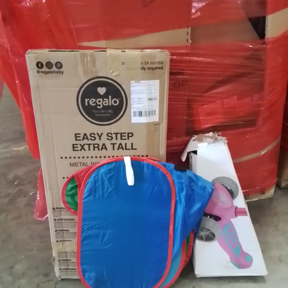 PALLET OF ASSORTED HOUSEHOLD GOODS AND PRODUCTS TO INCLUDE;POPUP TENT,SCOOTER,HIGH CHAIR 