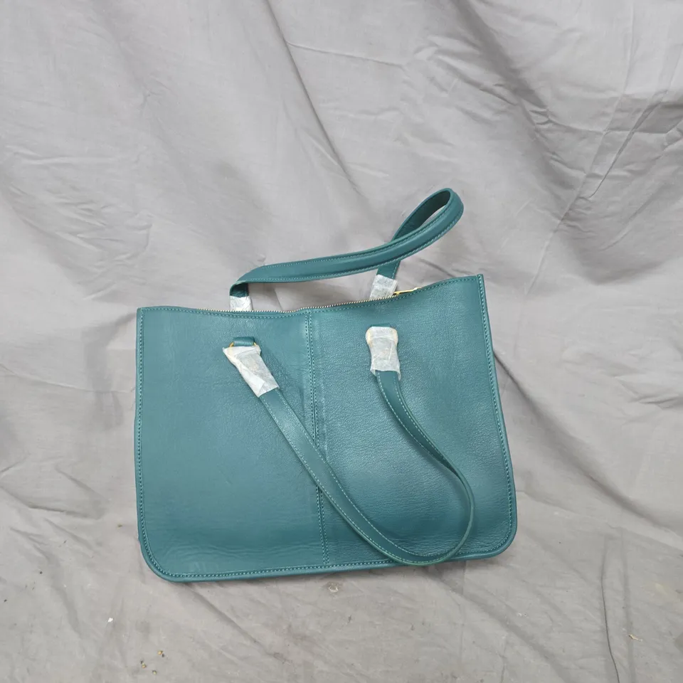 TEAL FAUX-LEATHER HANDBAG WITH TWO TOP HANDLES AND DETACHABLE SHOULDER STRAP