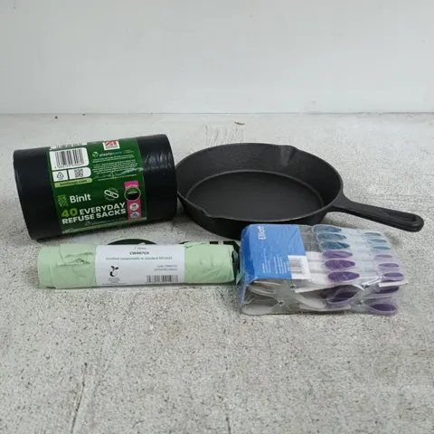 BOX OF APPROXIMATELY 20 ASSORTED HOUSEHOLD ITEMS TO INCLUDE PAN, REFUSE SACKS, SOFT GRIP PEGS, FOOD WASTE LINERS ETC