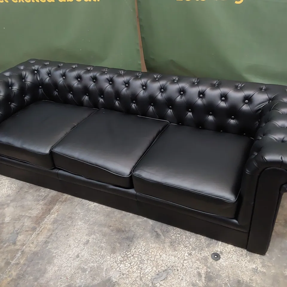 DESIGNER THREE SEATER CHESTERFIELD SOFA BLACK LEATHER 