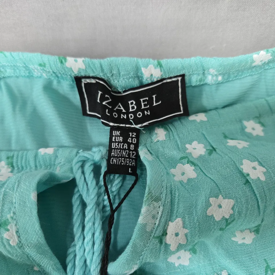 IZABEL LONDON TEAL FLORAL PRINT DRESS/TOP, UK 12 – LONG-SLEEVE WITH LACE DETAILING (VERIFY MODEL)