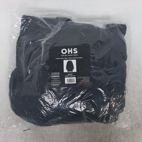 BAGGED OHS EXTRA LONG CORAL FLEECE HOODIE BLANKET IN BLACK - ONE SIZE