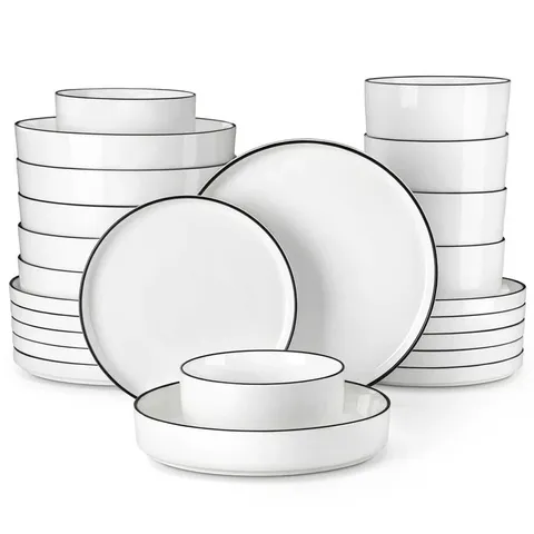BOXED MALACASA LEAH 24 PIECE DINNERWARE SET - BLACK TRIM