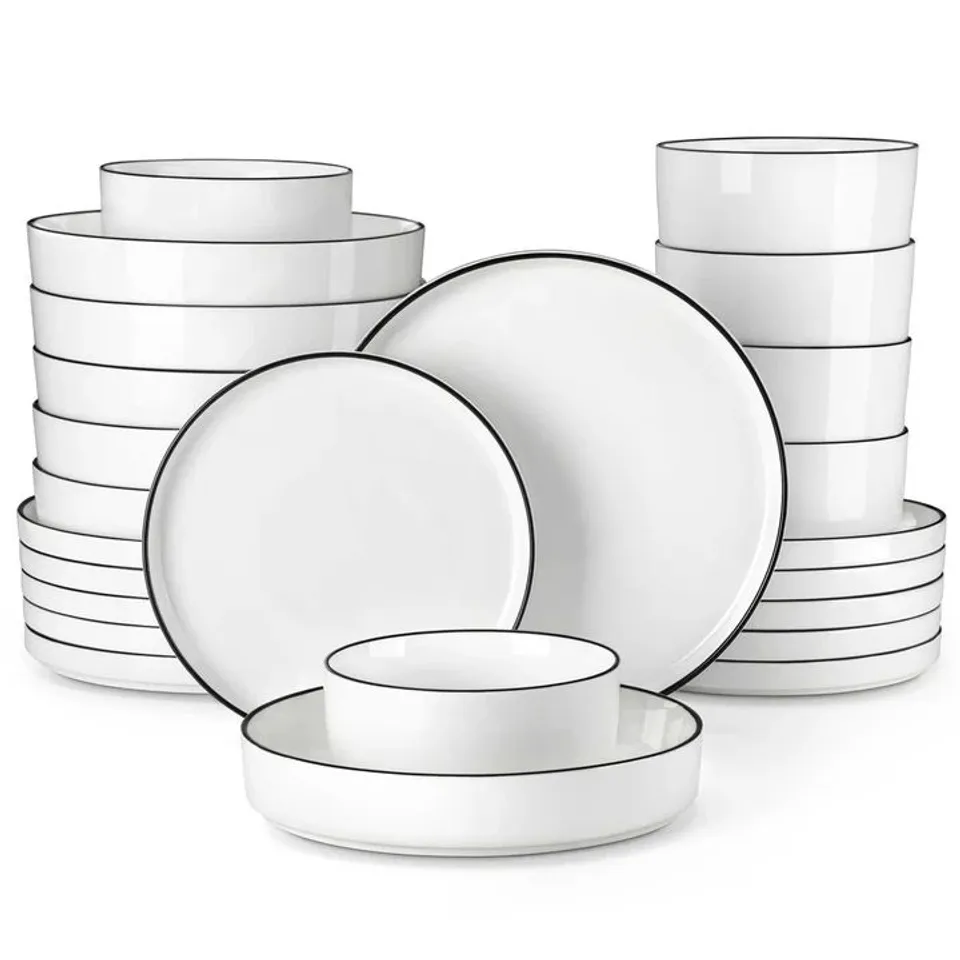 BOXED MALACASA LEAH 24 PIECE DINNERWARE SET - BLACK TRIM