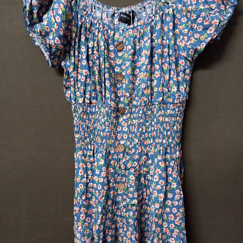 KURT MULLER WOMAN PUFFY SLEEVE MAXI DRESS IN FLORAL DESIGN IN BLUE - S/M