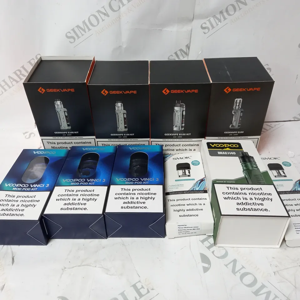 BOX OF APPROXIMATELY 10 ASSORTED E-CIG PRODUCTS TO INCLUDE GEEKVAPE, SMOK, VOOPOO 