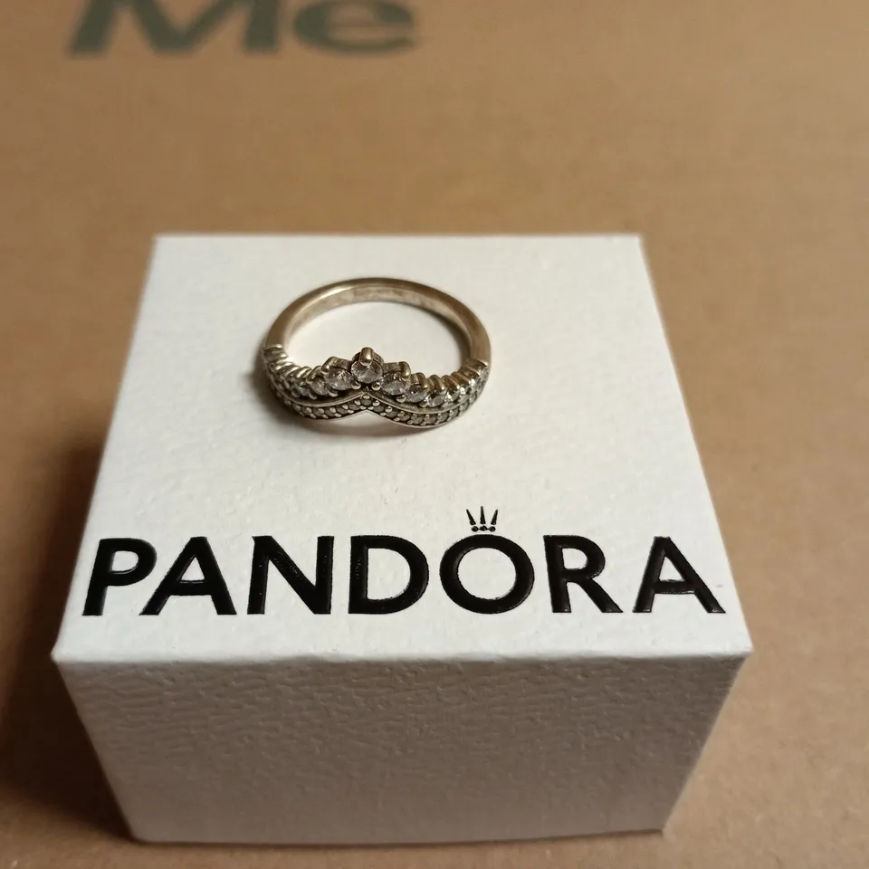 BOXED PANDORA STERLING SILVER RING WITH CLEAR STONES