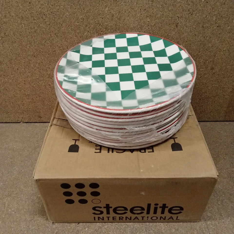 BOX OF APPROXIMATELY 12 STEELITE F&B GREEN CHECK/RED RIM PLATES, 25.5cm