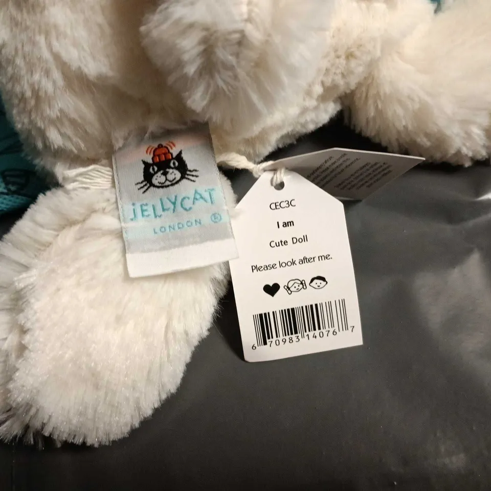 JELLYCAT LONDON CREAM PLUSH BUNNY WITH TEAL DRAWSTRING BAG – 'I AM CUTE DOLL' TAG