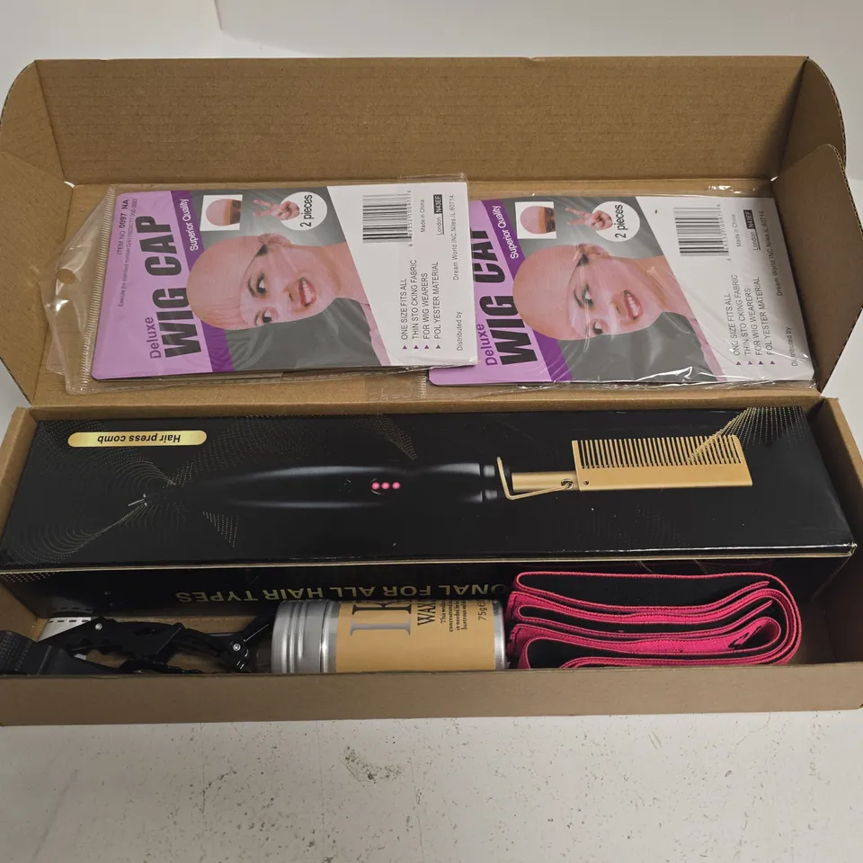 BOXED HOT COMB SET TO INCLUDE HOT COMB, WIG CAPS, HAIR CLIPS, ETC