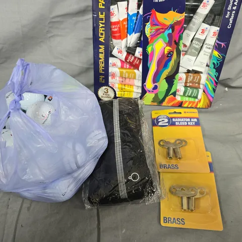 BOX OF ASSORTED ITEMS TO INCLUDE - PAINTS - GOLF BALLS - RAD KEYS 