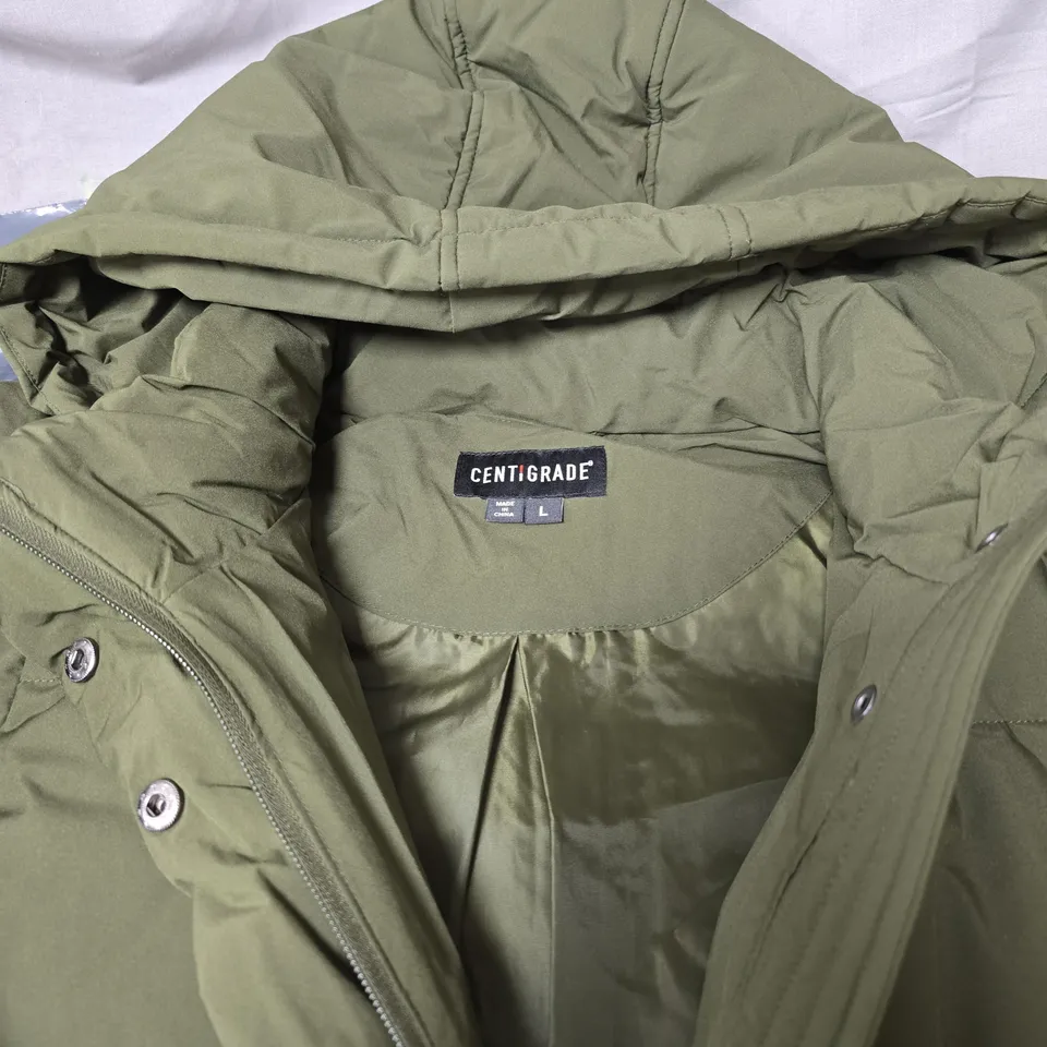CENTIGRADE OLIVE GREEN HOODED PUFFER JACKET, UK LARGE