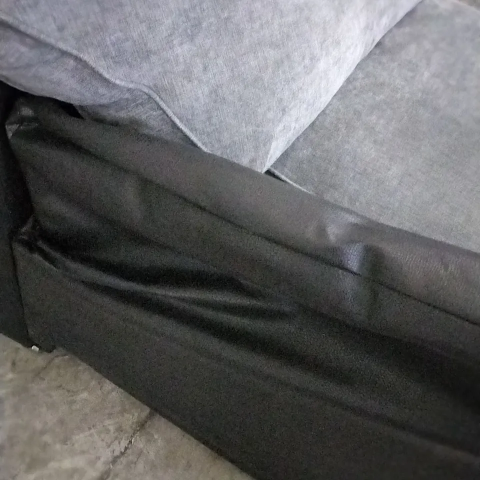 BLACK LEATHER ARMCHAIR WITH GREY CUSHIONS (MISSING ARM)