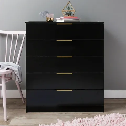BOXED GLENHAVEN 5 DRAWER 75CM W CHEST OF DRAWERS - PITCH BLACK (1 BOX)