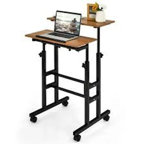 BOXED COSTWAY 2 TIER ADJUSTABLE STANDING DESK ON WHEELS - WALNUT (1 BOX)