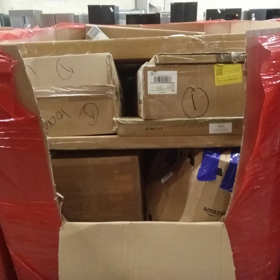 PALLET OF ASSORTED HOUSEHOLD GOODS AND PRODUCTS TO INCLUDE; FURNITURE, SUITCASE, TROLLEY, PUZZLE BOARD STAND ETC