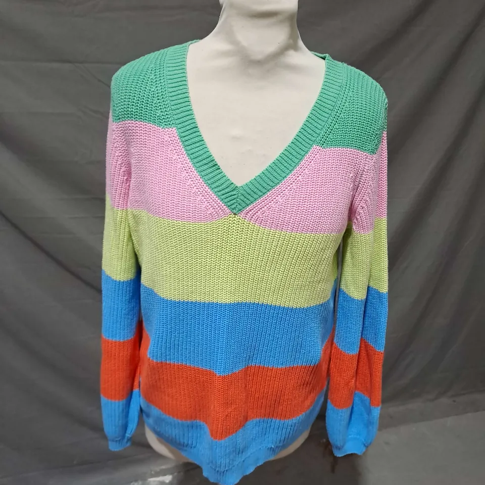 SUGARHILL RASHINA VNECK JUMPER IN MULTI BOLD STRIPES SIZE 8