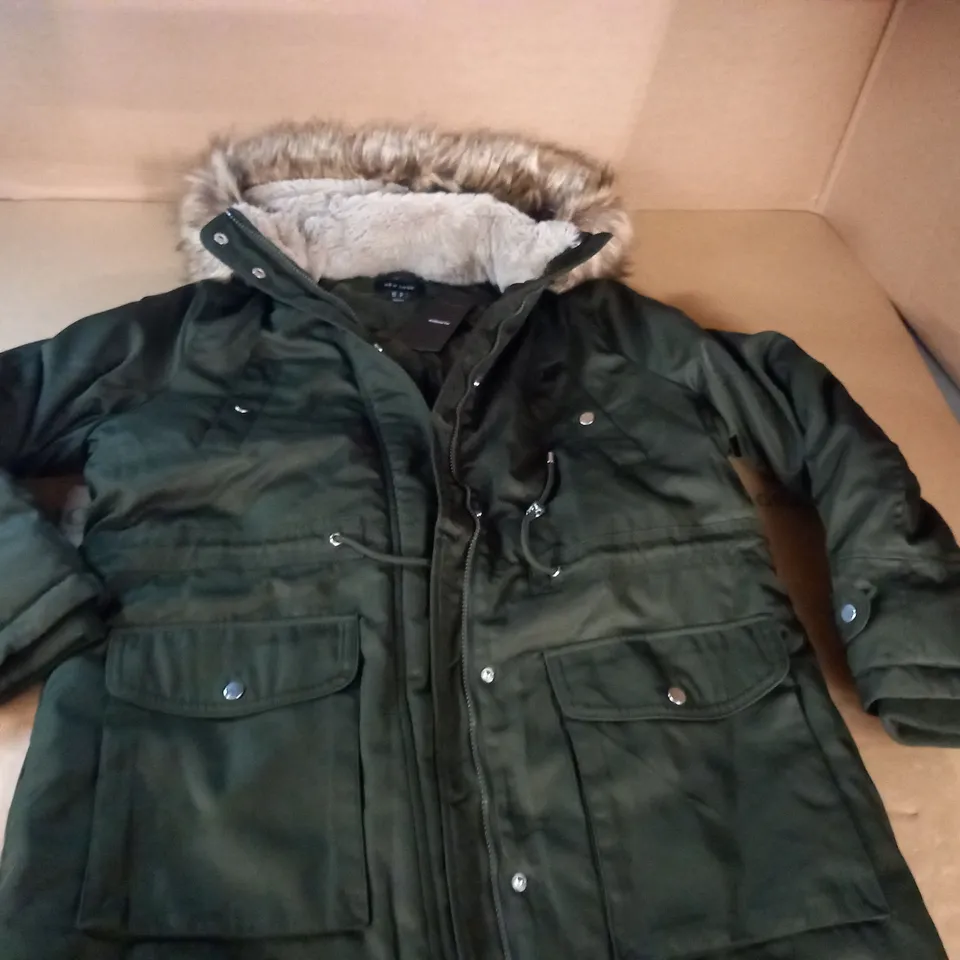 NEW LOOK ARTIFICIAL FUR PARKA IN KHAKI - UK 12