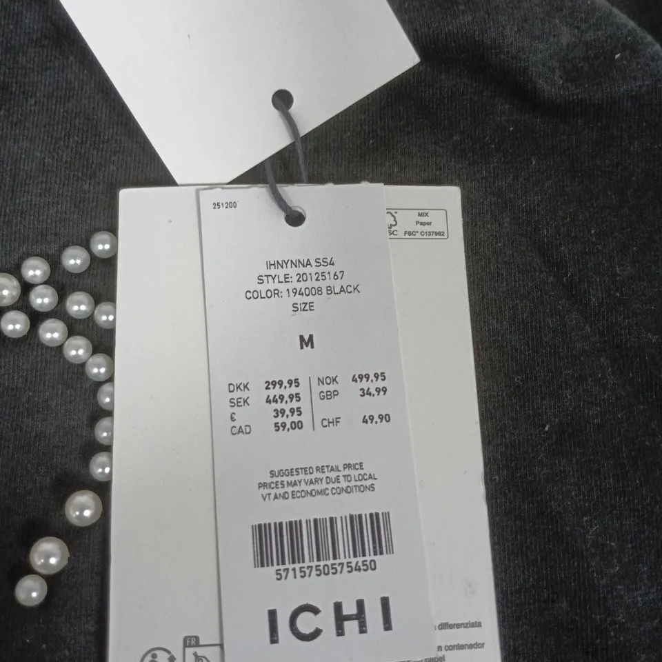 ICHI BLACK T-SHIRT WITH PEARL EMBELLISHMENT – SIZE M