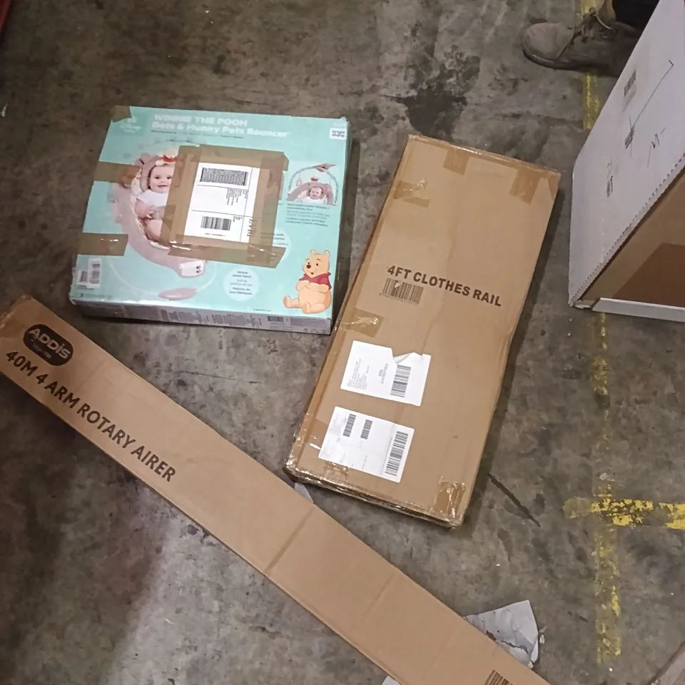 PALLET OF ASSORTED ITEMS INCLUDING - 4 ARM ROTARY AIRER, 4FT CLOTHES RAIL, POTS BOUNCER