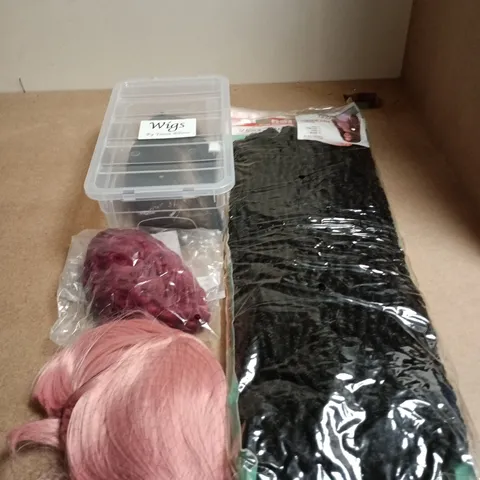 LOT OF APPROXIMATELY 15 WIGS AND HAIR PIECES IN ASSORTED COLOURS AND STYLES
