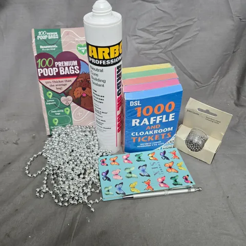 APPROXIMATELY 12 ASSORTED HOUSEHOLD ITEMS TO INCLUDE RAFFLE TICKETS, JOHN LEWIS STAINLESS STEEL CLEANING BALLS, ARBOSIL 1090, ETC