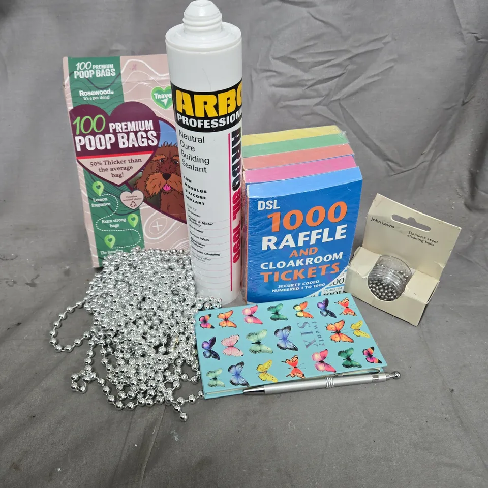 APPROXIMATELY 12 ASSORTED HOUSEHOLD ITEMS TO INCLUDE RAFFLE TICKETS, JOHN LEWIS STAINLESS STEEL CLEANING BALLS, ARBOSIL 1090, ETC
