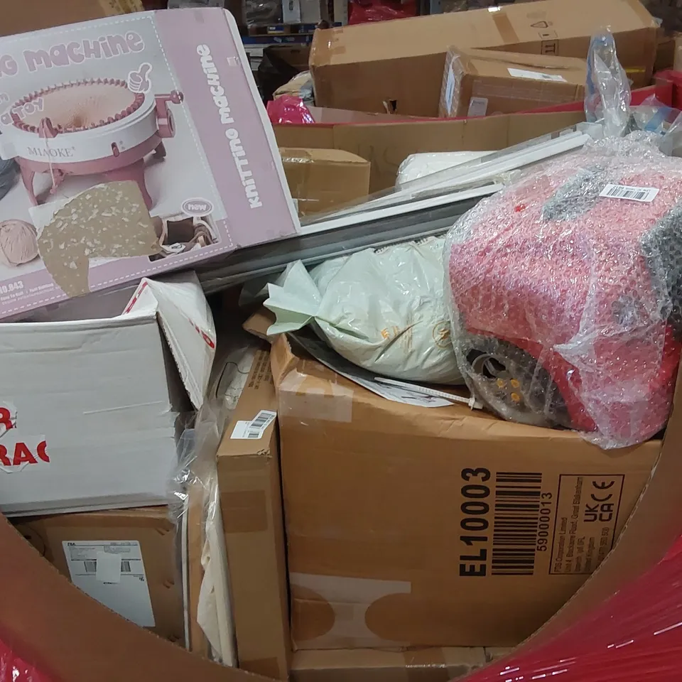 PALLET CONTAINING VARIOUS ASSORTED BOXED HOUSEHOLD ITEMS TO INCLUDE: KNITTING MACHINE, BLINDS, BOXED FURNITURE ETC
