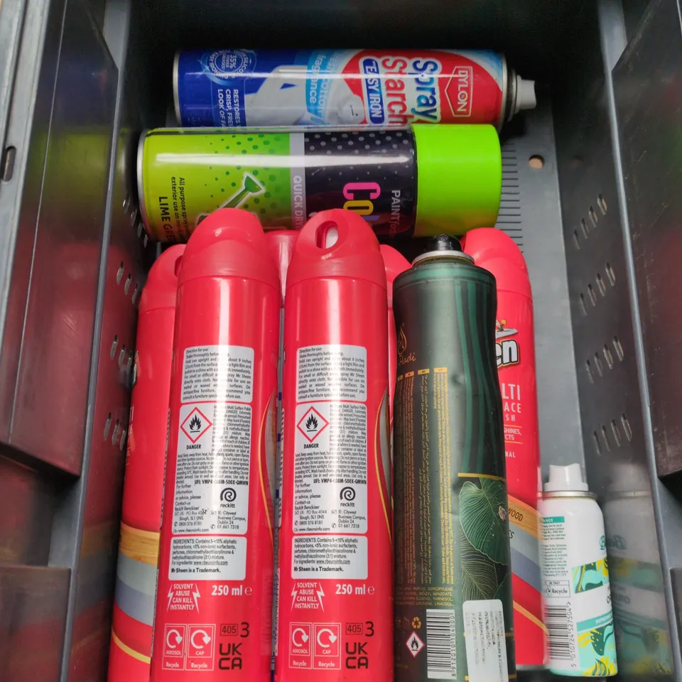 APPROXIMATELY 15 ASSORTED AEROSOLS TO INCLUDE MR SHEEN FURNITURE POLISH, DOVE MEN+ CARE DEODORANT AND BATISTE COLOUR DRY SHAMPOO