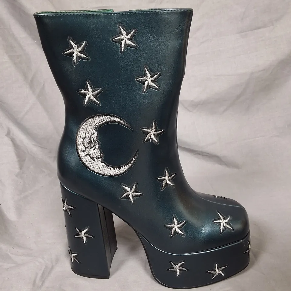 KOI DREAMS OF MOONCRAFT TEAL HEELED BOOTS IN BLACK- UK 6 