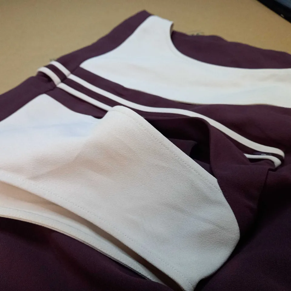REISS BURGUNDY/STONE PINAFORE STYLE MIDI DRESS - SIZE 12