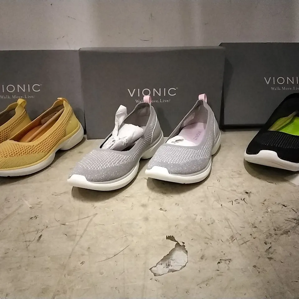 BOXED VIONIC BALLERINA,  GREY , SIZE 6 , 2  PAIRS , 1 PAIR YELLOW SIZE UK  4.5 AND 1 PAIR BLACK SIZE UK 9