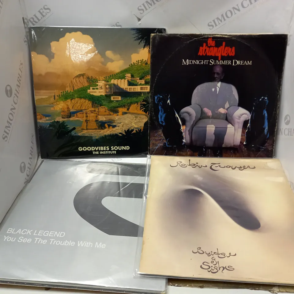 APPROXIMATELY 12 ASSORTED VINYL RECORDS, TO INCLUDE THE STRANGLERS MIDSUMMER NIGHTS DREAM, THE INSTITUTE GOODVIBES SOUND, BLACK LEGEND YOU SEE THE TROUBLE WITH ME, ETC
